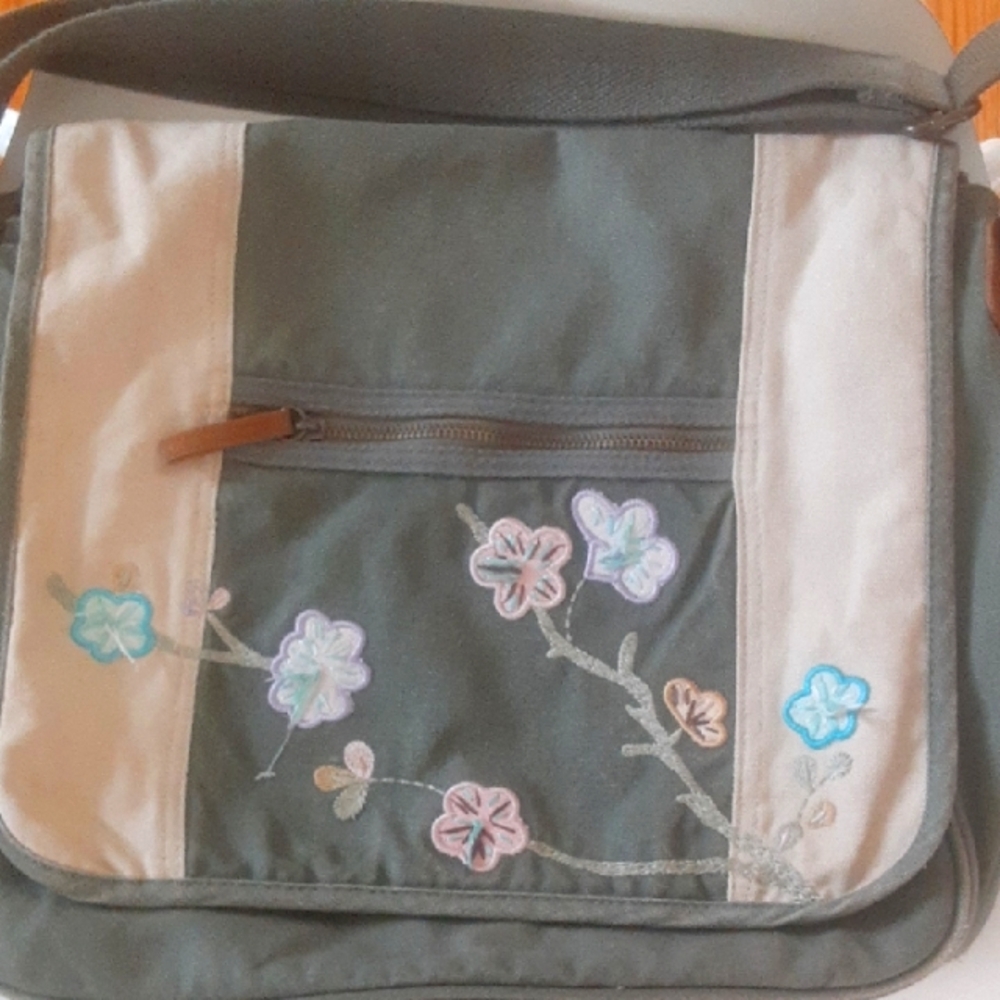 Old Navy Messenger Bag.  Cherry Blossom on Olive Green